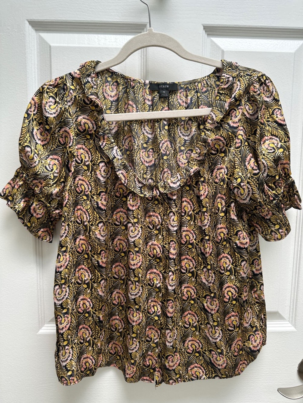 J. Crew Paisley Ruffle-Neck Blouse in Pink and Black